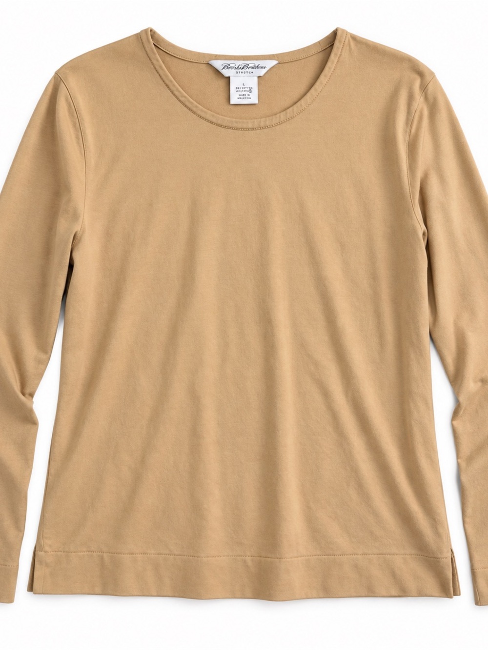 Brooks Brothers Stretch Tan Long Sleeve Crewneck Top Size L Vintage